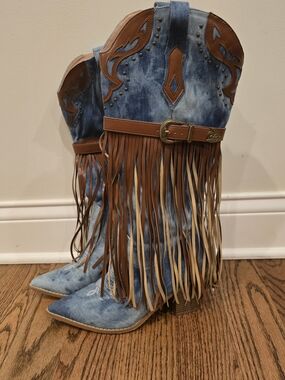Blue Denim Fringe Western Knee Boots - Women's